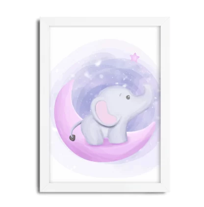 3004g1 quadro decorativo elefantinho e lua aquarela moldura branca