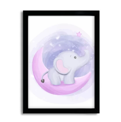 3004g1 quadro decorativo elefantinho e lua aquarela moldura preta