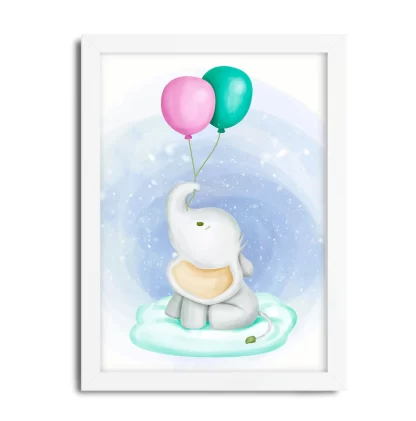 3004g2 quadro decorativo elefantinho e balões moldura branca