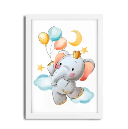 3011G Quadro Decorativo Infantil Elefantinho com Balões moldura branca
