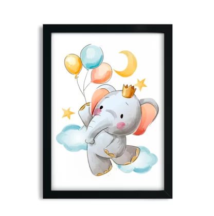3011G Quadro Decorativo Infantil Elefantinho com Balões moldura preta