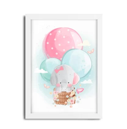 3015G Quadro Decorativo Elefantinha em Balão nas Nuvens moldura branca