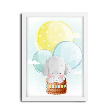 3015g2 Quadro Decorativo Elefantinho em Balão nas Nuvens moldura branca