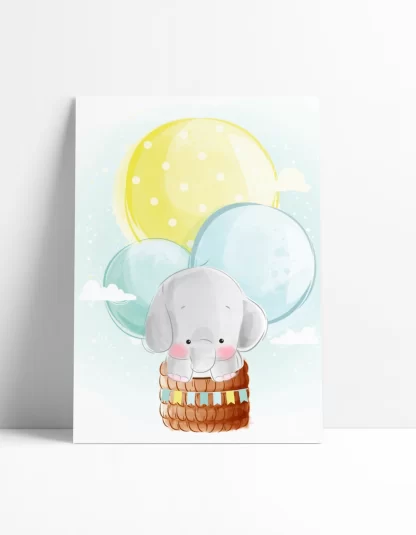 3015g2 Quadro Decorativo Elefantinho em Balão nas Nuvens placa decorativa