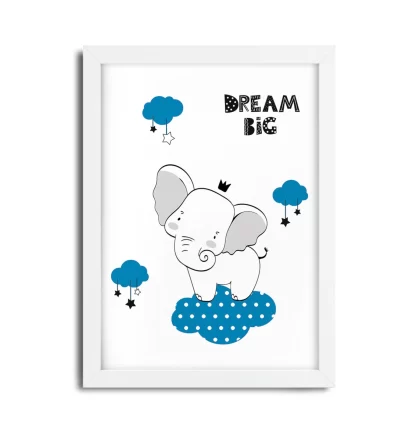3018g2 Quadro Decorativo Infantil Elefantinho Big Dream Azul moldura branca