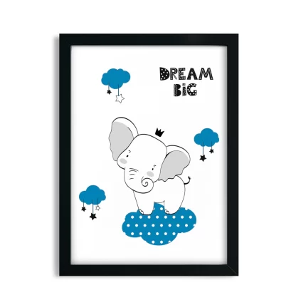 3018g2 Quadro Decorativo Infantil Elefantinho Big Dream Azul moldura preta
