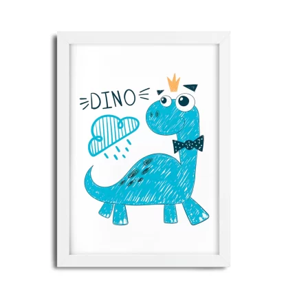 3027g22 Quadro Dinossauro Azul Dino Moldura Branca