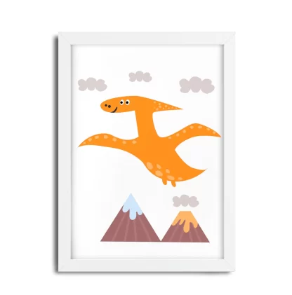 3027g25-5 Quadro Decorativo Dinossauro e Vulcões moldura Branca