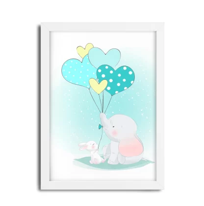 3031g1 Quadro Decorativo Elefantinho e Coelhinho Segurando Balões moldura branca