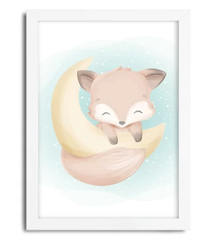 3081g quadro decorativo raposa raposinha pendurada na lua moldura branca