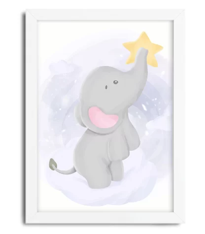 3085g quadro decorativo elefante elefantinho com estrela moldura branca
