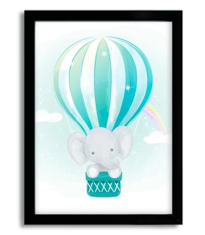 3092g quadro decorativo elefantinho e balão azul moldura preta