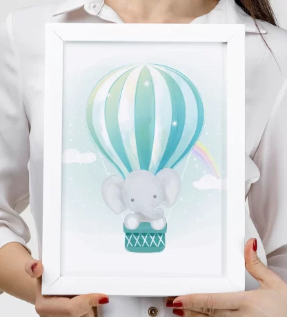 3092g quadro decorativo elefantinho e balão azul realista