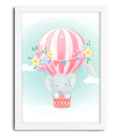 3092g2 quadro decorativo elefantinho balão rosa moldura branca