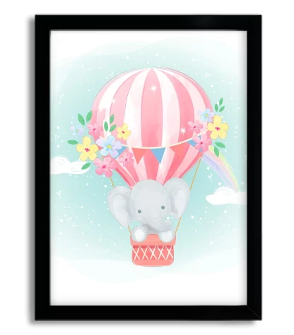 3092g2 quadro decorativo elefantinho balão rosa moldura preta