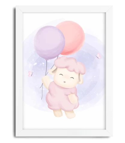 3097g quadro decorativo infantil carneirinho com balões moldura branca