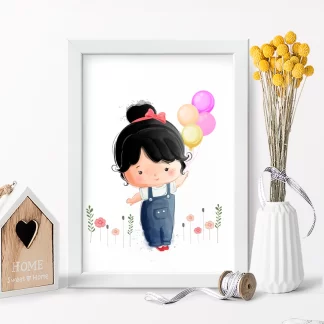 3103g Quadro Decorativo Infantil Menina com Balões e Flores realista