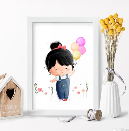 3103g Quadro Decorativo Infantil Menina com Balões e Flores realista