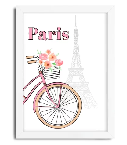 3104g2 quadro decorativo bicicleta floral em paris moldura branca