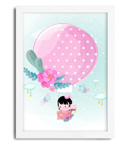 3105g quadro decorativo menina menina cute em balão moldura branca