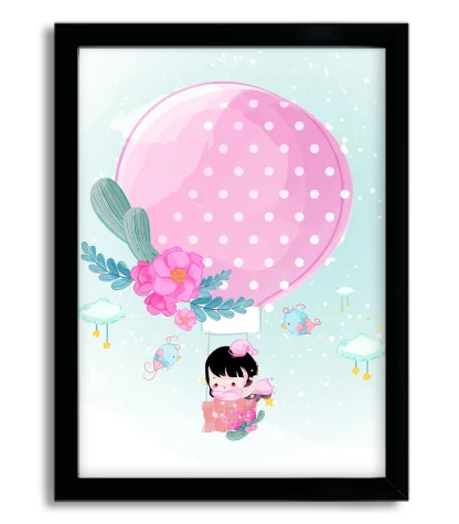 3105g quadro decorativo menina menina cute em balão moldura preta