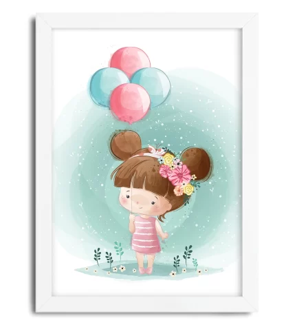 3106g quadro decorativo menina segurando balões moldura branca