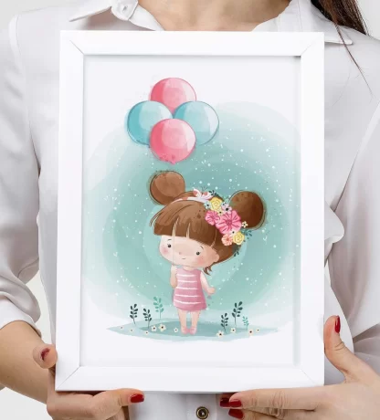 3106g quadro decorativo menina segurando balões realista