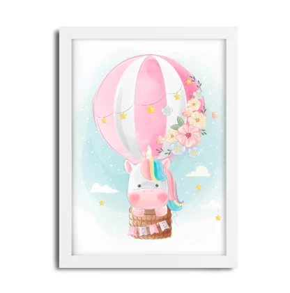 3115g quadro decorativo unicórnio em balão rosa moldura branca