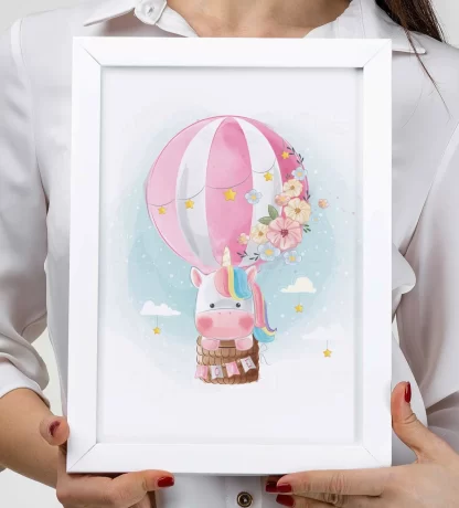 3115g quadro decorativo unicórnio em balão rosa realista
