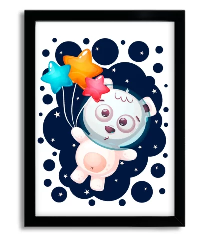 4008g1 quadro decorativo infantil urso ursinho astronauta moldura preta
