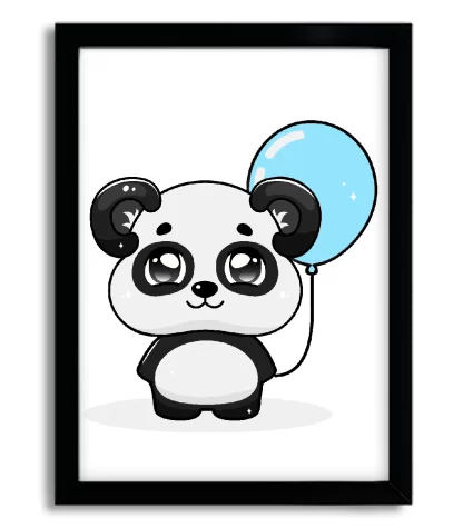 4019g quadro decorativo urso panda segurando balão moldura preta