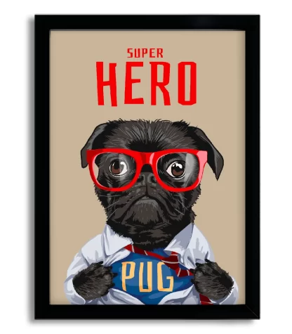 4046g quadro decorativo cachorro pug herói moldura preta