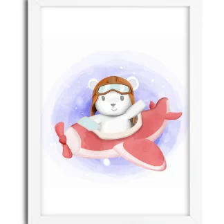 4048g quadro decorativo ursinho aviador moldura branca