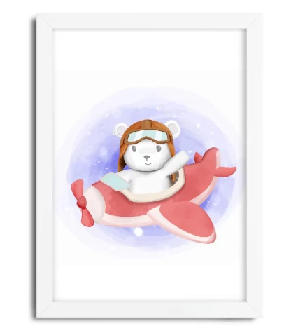 4048g quadro decorativo ursinho aviador moldura branca