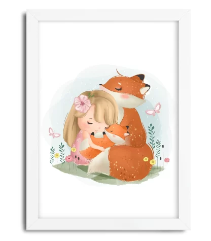4052g quadro decorativo menina e raposinha cute moldura branca