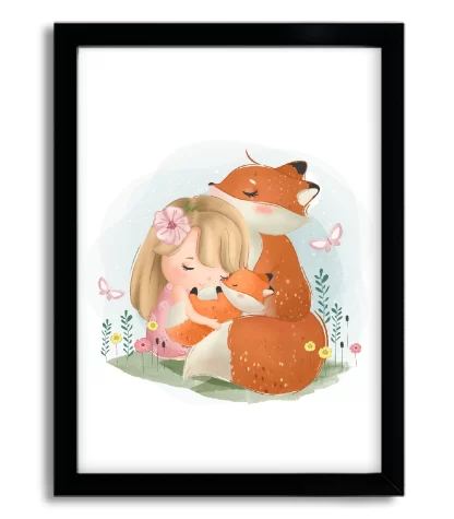 4052g quadro decorativo menina e raposinha cute moldura preta