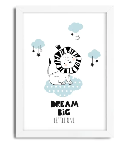 4053g quadro decorativo leãozinho com frase em inglês dream big little one moldura branca