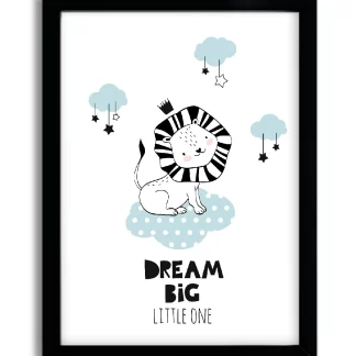 4053g quadro decorativo leãozinho com frase em inglês dream big little one moldura preta