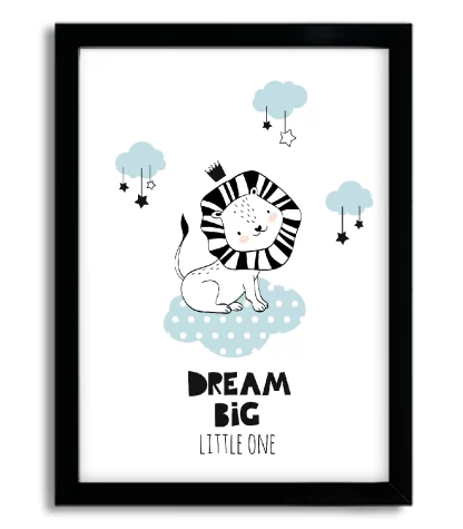 4053g quadro decorativo leãozinho com frase em inglês dream big little one moldura preta