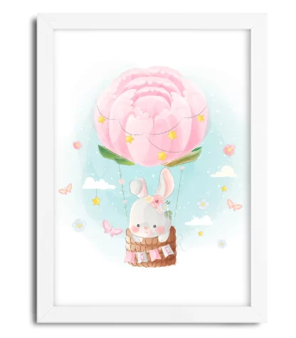 4054g quadro decorativo coelhinha em balão rosa moldura branca