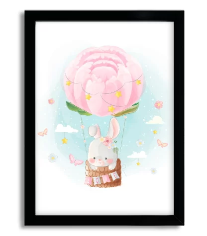 4054g quadro decorativo coelhinha em balão rosa moldura preta