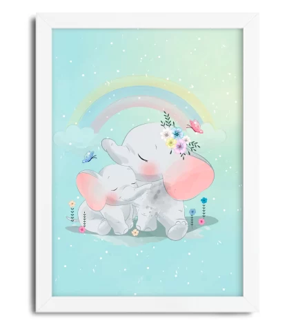 4080g1 quadro decorativo infantil elefante elefantinhos moldura branca