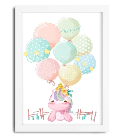 4081g quadro decorativo infantil unicórnio com balões moldura branca