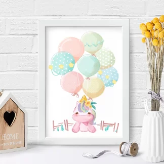 4081g quadro decorativo infantil unicórnio com balões realista