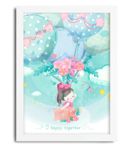4082g2 quadro decorativo infantil menina com balões moldura branca
