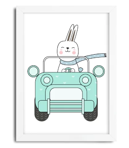 4090g1 quadro decorativo infantil coelhinho dirigindo carro azul moldura branca