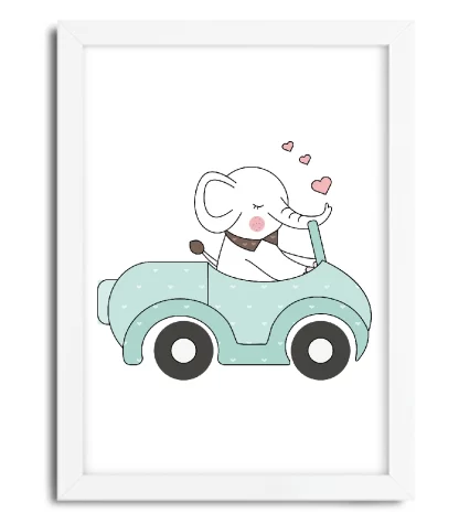 4090g2 quadro decorativo infantil elefantinho dirigindo carrinho azul moldura branca