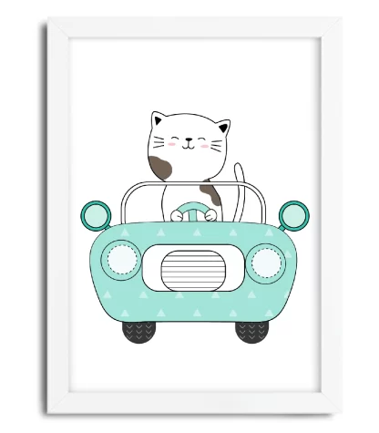 4090g3 quadro decorativo infantil gatinho dirigindo carrinho azul moldura branca
