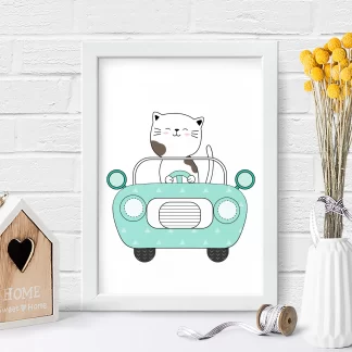 4090g3 quadro decorativo infantil gatinho dirigindo carrinho azul realista