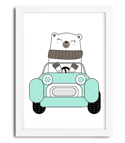 4090g6 quadro decorativo infantil ursinho dirigindo carrinho azul moldura branca